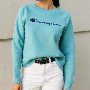 Champion Spellout Script Crewneck Sweatshirt Blue Unisex M